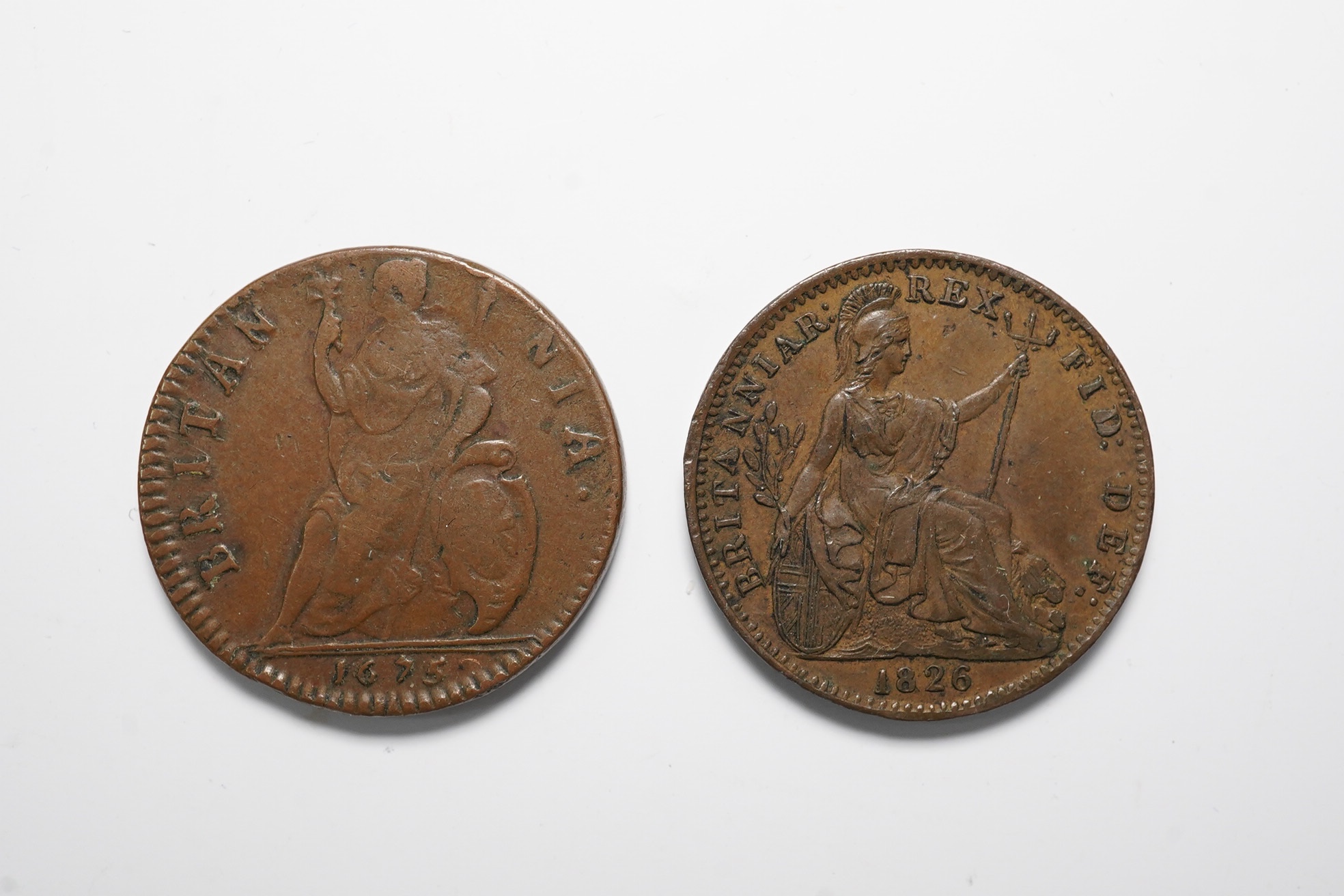 British coins, Charles II copper farthing 1675, near VF and a George IV farthing 1826, about EF